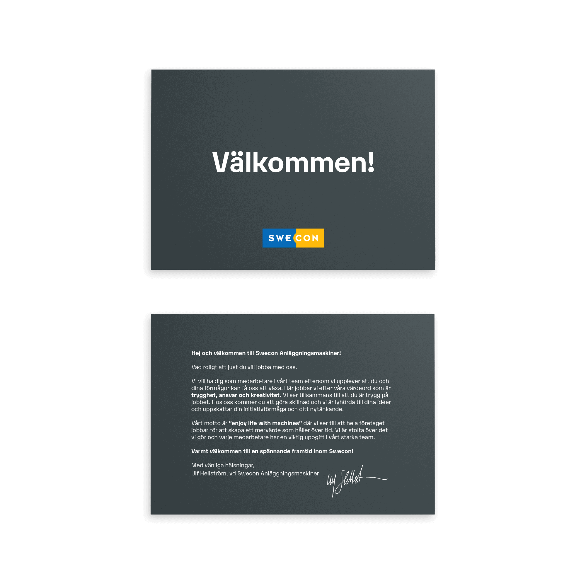välkomstkort med swecon logga för nya medarbetare fram och baksida