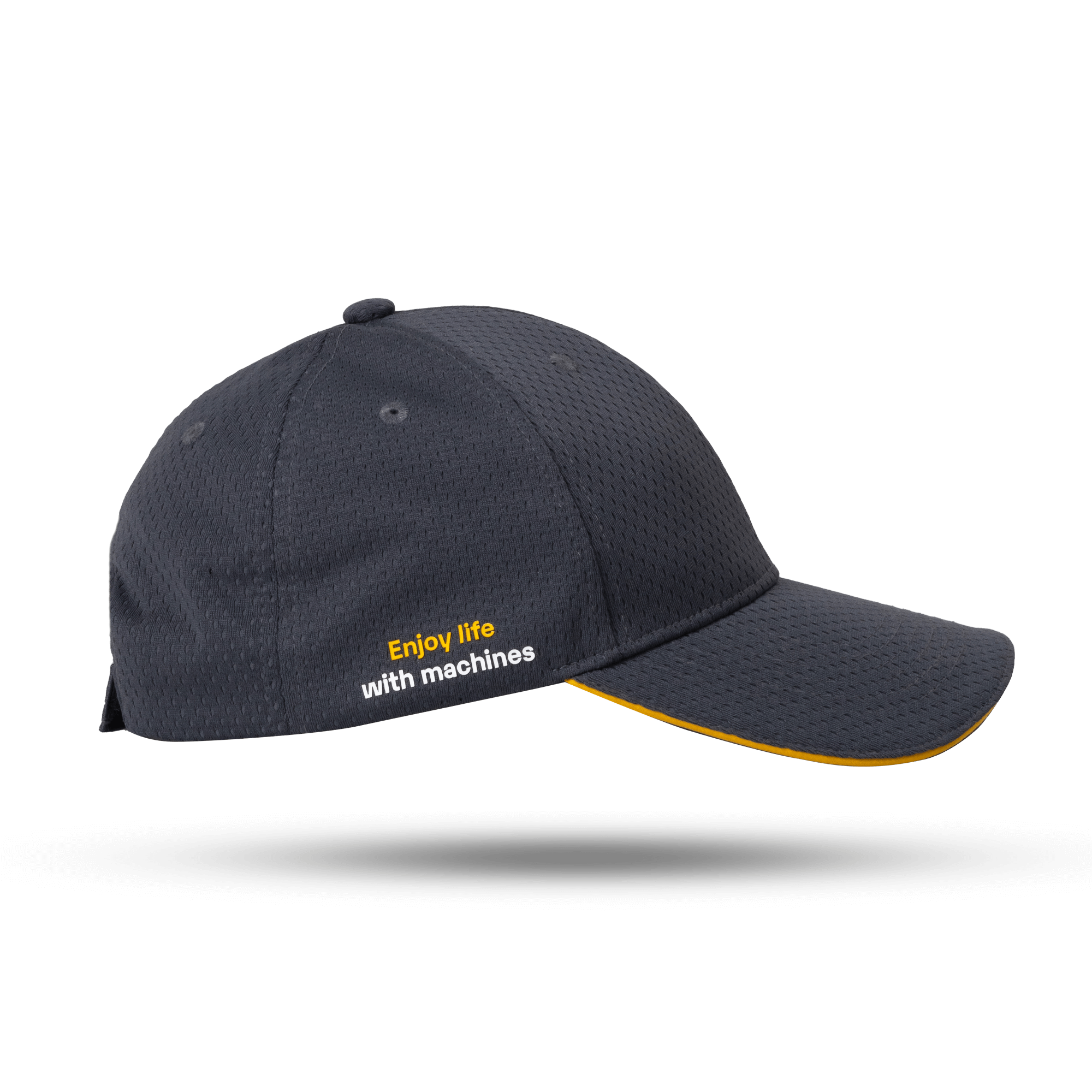 mörkgrå keps med tagline från sidan